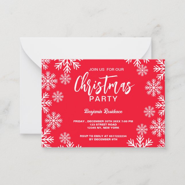 Modern Red Snow Christmas Party Note Card (Front)