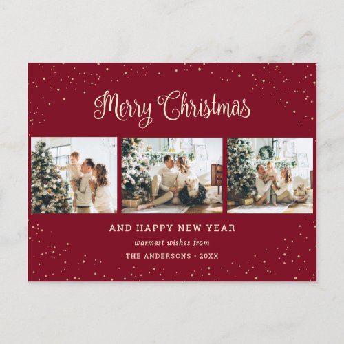 Modern Red Snow Photo Collage Merry Christmas Holiday Postcard