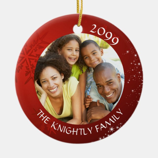 Modern Red Snowflake 2 Photo Family Name Ceramic Ornament (Front)