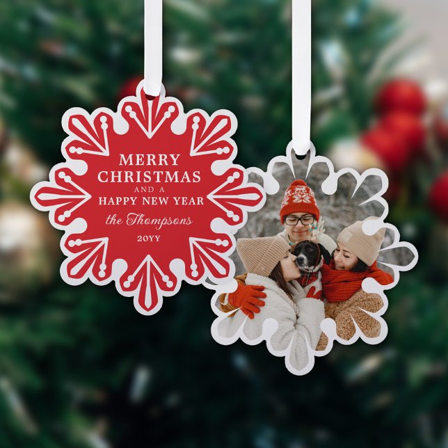 Modern Red Snowflake Merry Christmas Photo Ornament Card (Creator Uploaded)