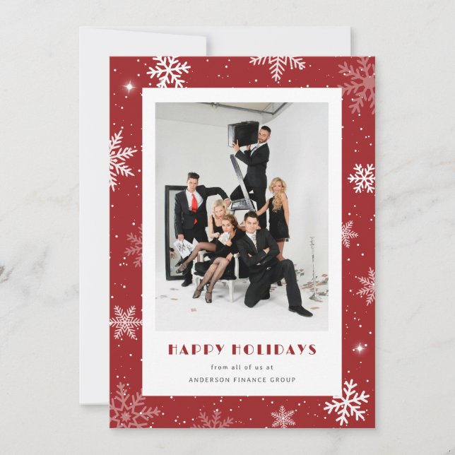 Modern Red Snowflake Photo Corporate Business Holiday Card (Front)