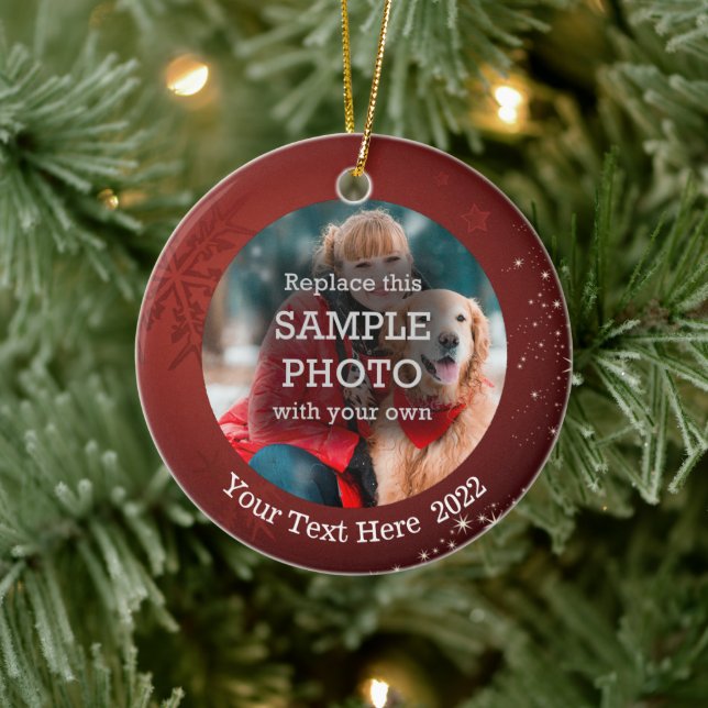 Modern Red Snowflake Stars on 2 Photo Ceramic Ornament (Tree)