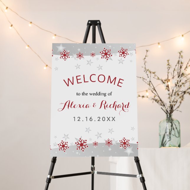 Modern red snowflakes & silver grey stars wedding foam board (In Situ (Stand))