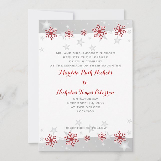Modern red snowflakes & silver grey stars wedding invitation (Front)