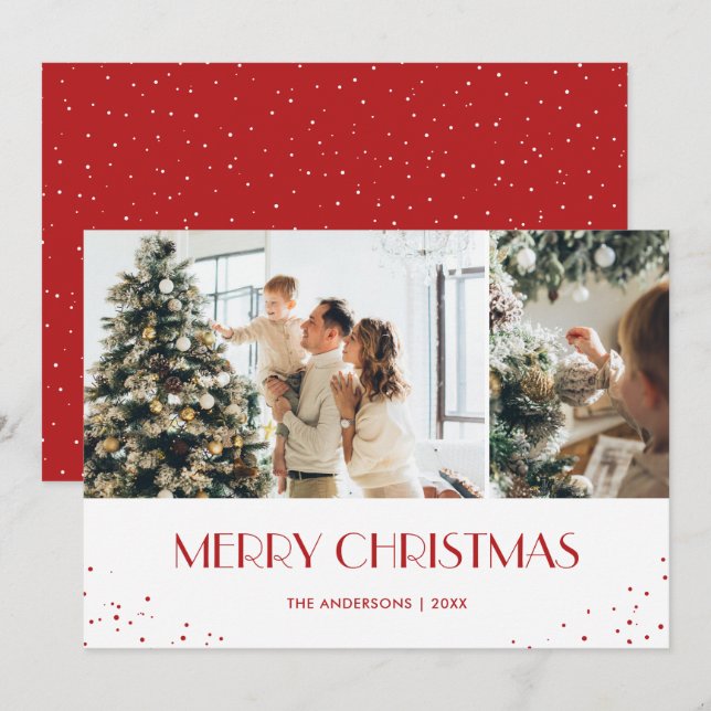 Modern Red Snowy Merry Christmas 2 Photo Holiday Card (Front/Back)