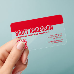 Modern Red Social Media QR Code Clear Business Cards
