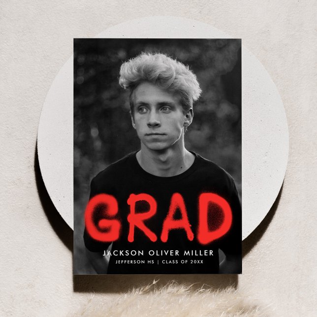 Modern Red Spray Paint Typography Photo Graduation Announcement (Creator Uploaded)
