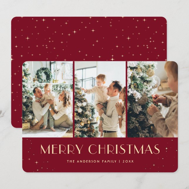 Modern Red Starry Night Photo Christmas Card (Front/Back)