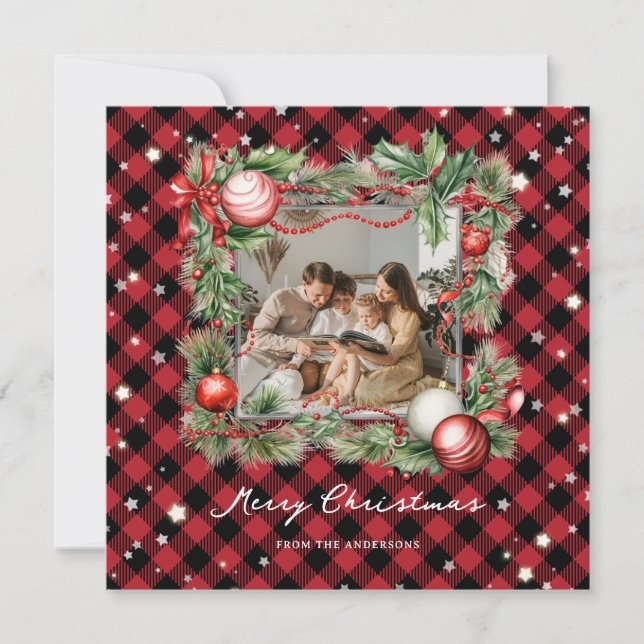 Modern Red Starry Photo Merry Christmas Card (Front)