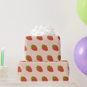 Modern Red Strawberries Brown Pattern Wrapping Paper