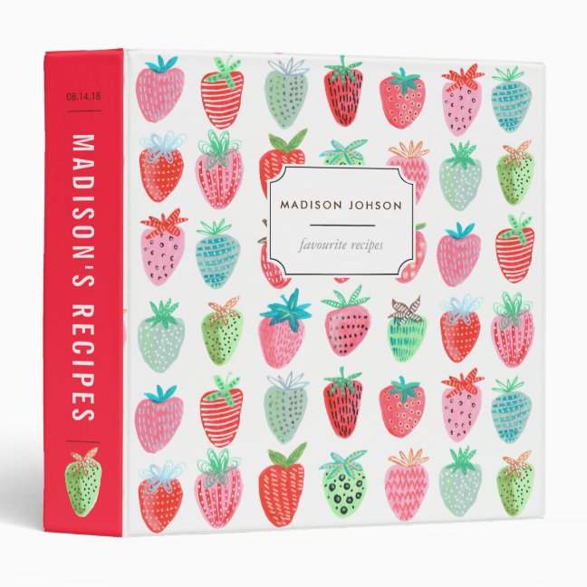 Modern red strawberries pattern recipe binder