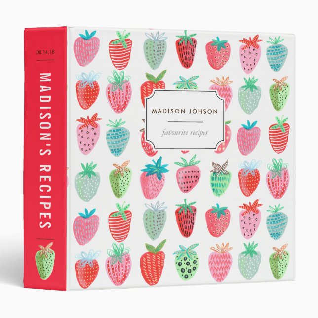 Modern red strawberries pattern recipe binder (Front/Spine)