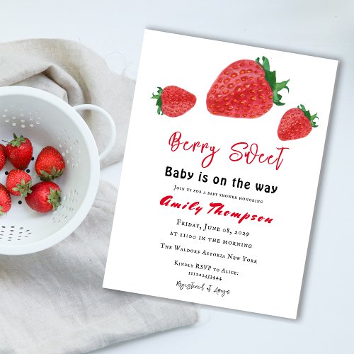 Modern Red Strawberry Berry Sweet Baby Shower Invitation