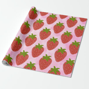 Modern Red Strawberry Pattern Pink Watercolor Wrapping Paper