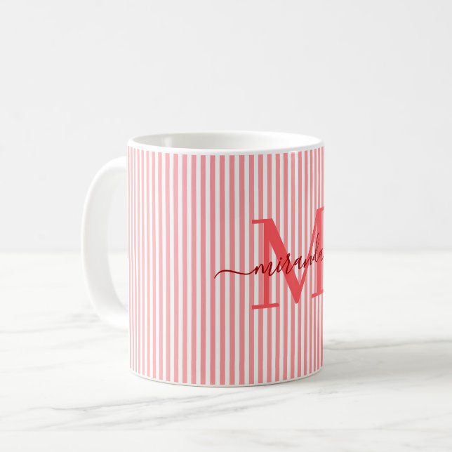 Modern Red Stripe Monogram Name Coffee Mug (Front Left)