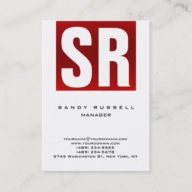 Modern red stripe white vertical huge monogram business card (Front)