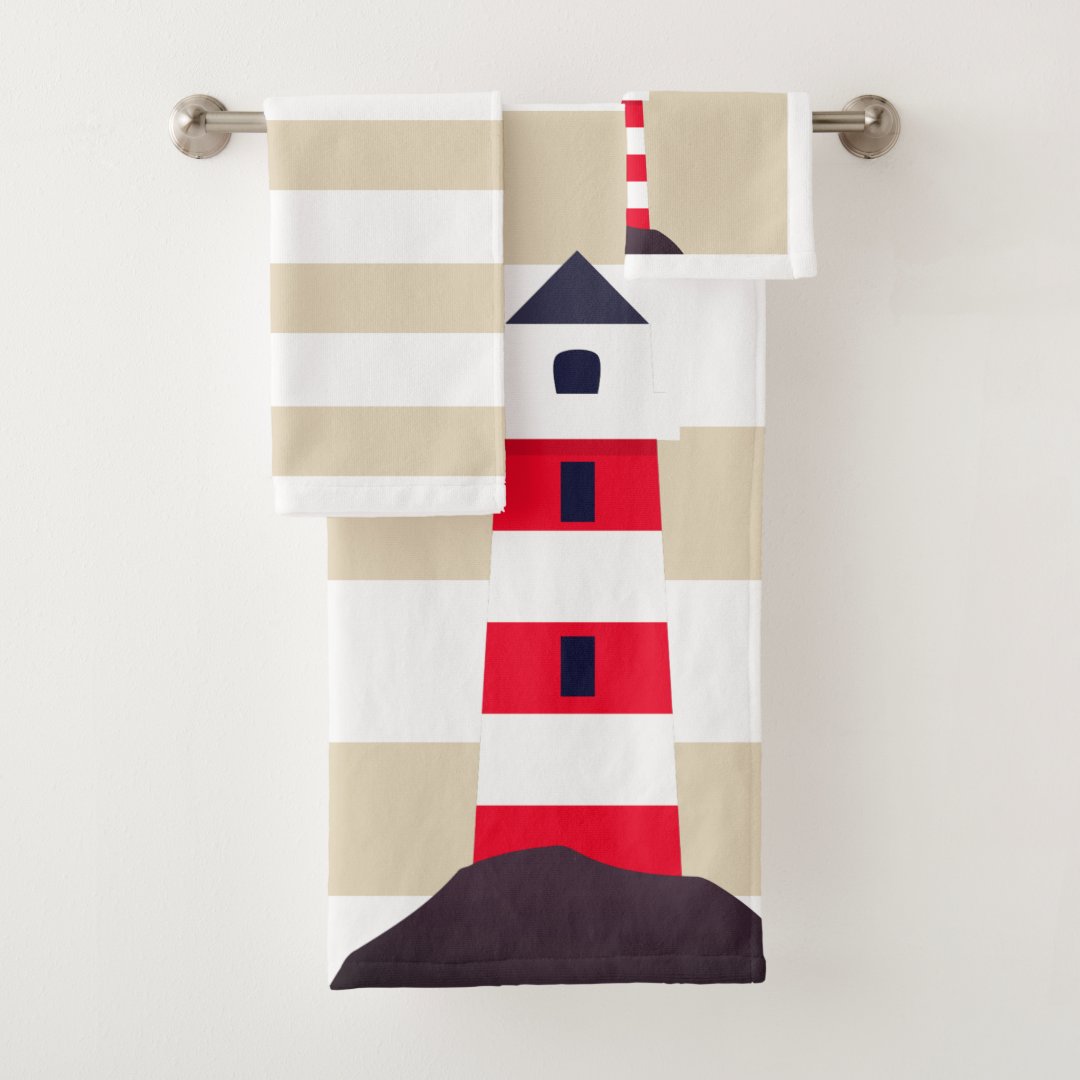 Modern Red Striped Lighthouse Bath Towel Set Zazzle