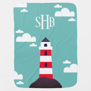 Modern Red Striped Lighthouse & Initials Swaddle Blanket
