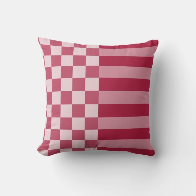 Modern Red Stripes & Checker Patterned Throw Pillow (Front)