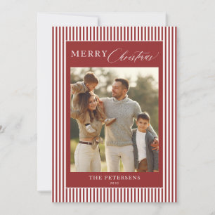 Modern red stripes family photo Christmas Holiday Card