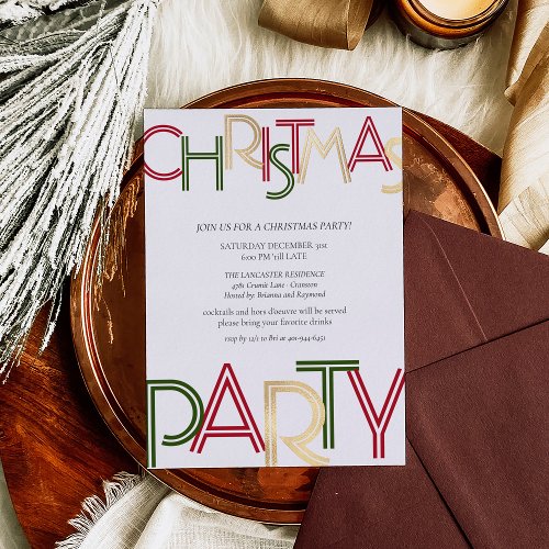 Modern Red Stripes Green Christmas Party Gold  Foil Holiday Card