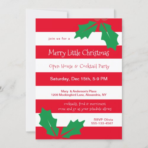 Modern Red Stripes Holly Holiday Party Invitation