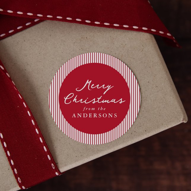 Modern Red Stripes Merry Christmas Classic Round Sticker (Creator Uploaded)