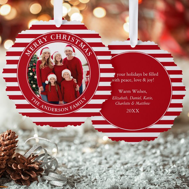 Modern Red Stripes Merry Christmas Photo Ornament Card (A greeting card that is also an ornament! Customize with your photo and personalized text.)