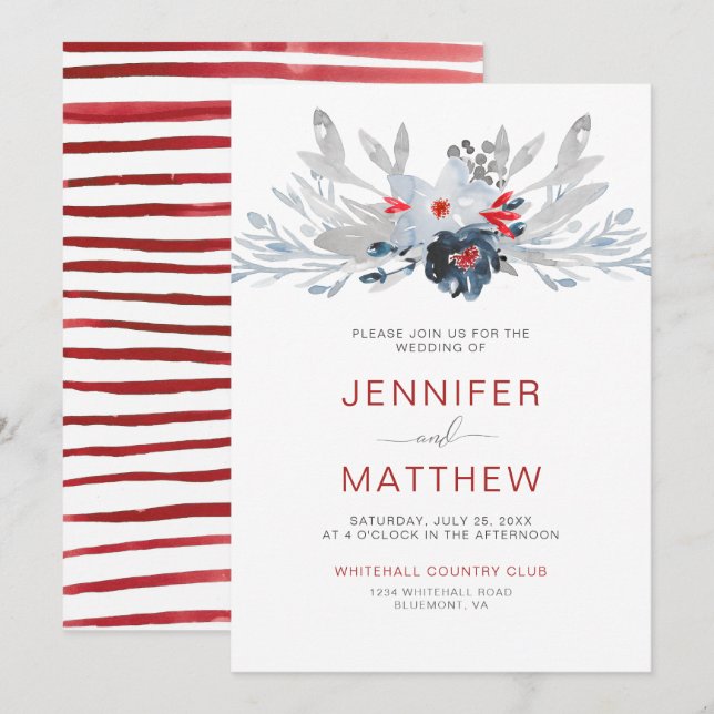 Modern Red Stripes Navy Red Gray Floral Wedding | Invitation (Front/Back)