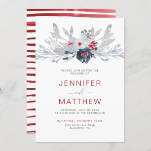 Modern Red Stripes Navy Red Gray Floral Wedding   Invitation