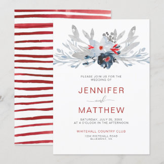Modern Red Stripes Navy Red Gray Floral Wedding | Invitation