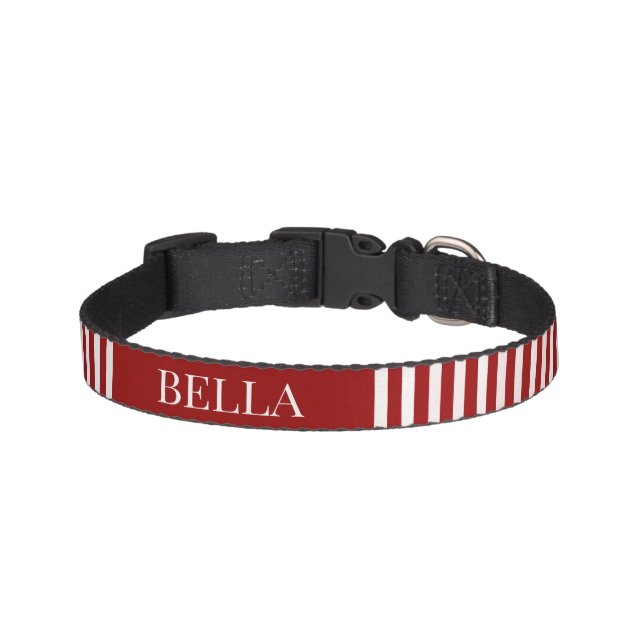 Modern Red Stripes Pattern Minimalist Personalized Pet Collar (Front)