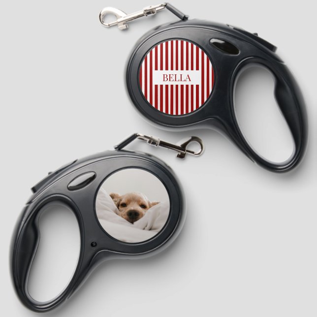 Modern Red Stripes Pattern Personalized Photo Retractable Pet Leash (Front & Back)