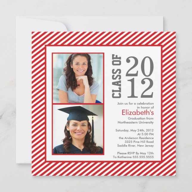 Modern Red Stripes Photo Graduation Invitation (Front)