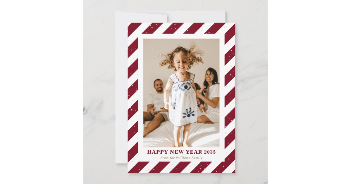 Modern Red Stripes Snow Photo New Year Card | Zazzle