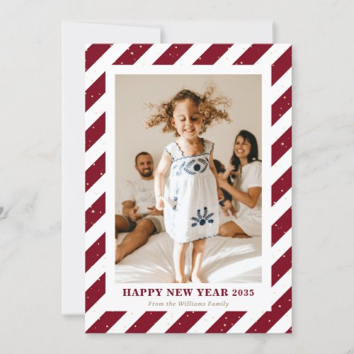 Modern Red Stripes Snow Photo New Year Card