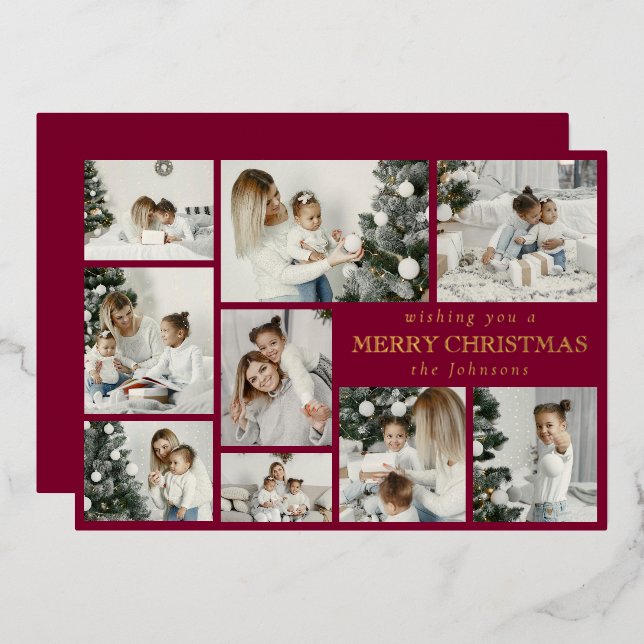 Modern Red Stylish Multi Photo Grid Holiday Card (Front/Back)