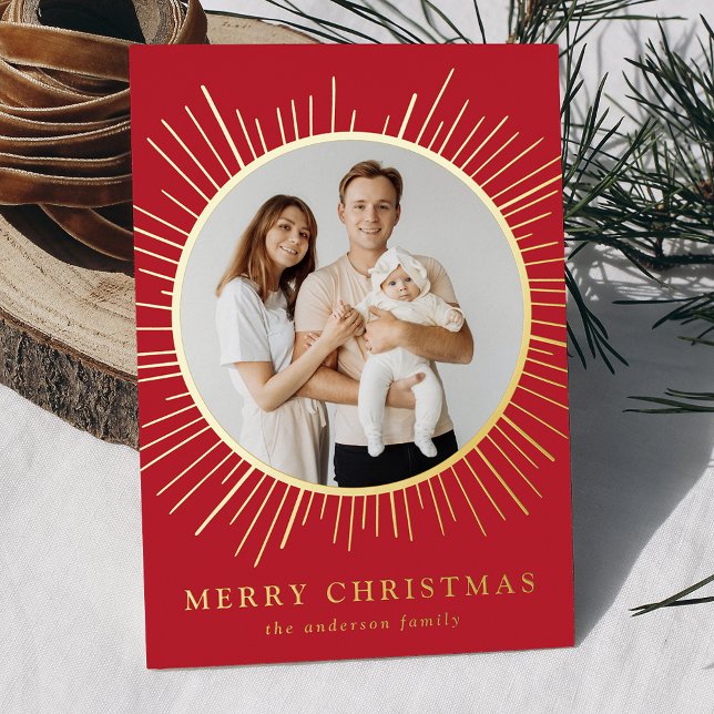 Modern Red Sunburst Merry Christmas 2 Photo Foil Holiday Card (Creator Uploaded)