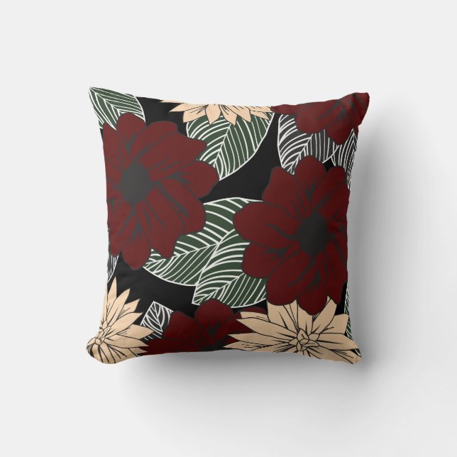 Modern Red & Tan Blooms and Leaves Throw Pillow (Front)