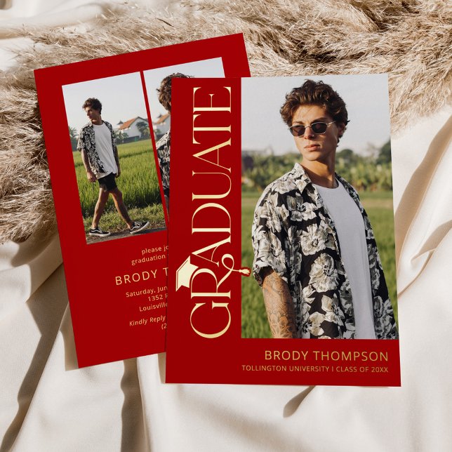 Modern Red Tassel 3 Photo Graduation Foil Invitation (Creator Uploaded)