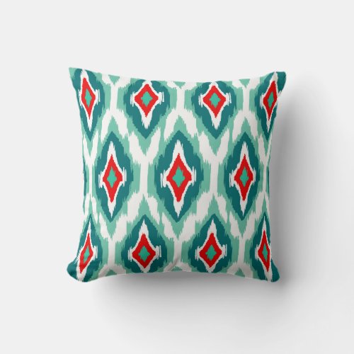 Modern red teal turquoise Ikat Tribal Pattern 1a Throw Pillow