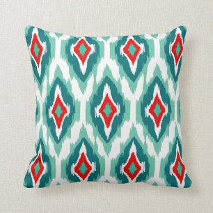 Modern red teal turquoise Ikat Tribal Pattern 1a Throw Pillow