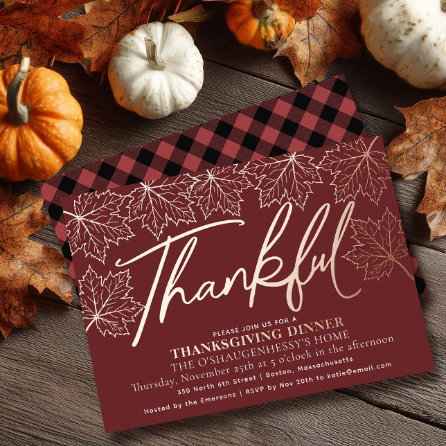 Modern Red Thankful Autumn Leaves Thanksgiving Foil Invitation (Creator Uploaded)