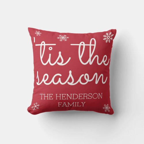 Modern Red Tis the Season Christmas Family Name Throw Pillow