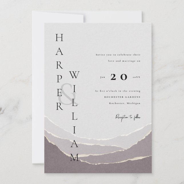 modern red torn paper mountains wedding invitation (Front)