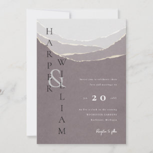 modern red torn paper mountains wedding invitation