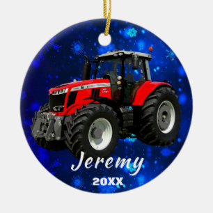Modern Red Tractor "Christmas 20XX"  Ceramic Ornam Ceramic Ornament
