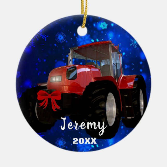 Modern Red Tractor "Christmas 20XX"  Ceramic Ornament (Front)