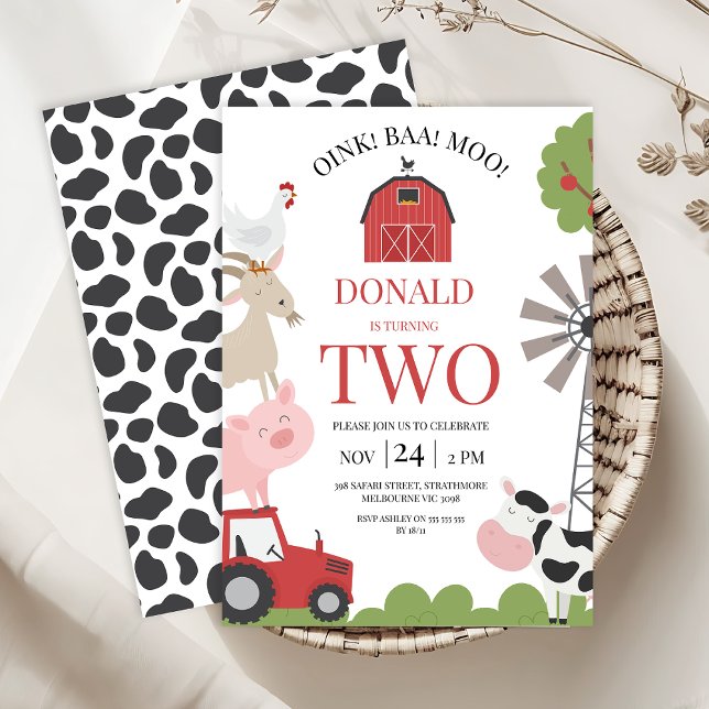 Modern Red Tractor Oink Baa Moo Farm Birthday Invitation (Red Tractor Barnyard Birthday Invitation Template, Farm Birthday Invitation Boy, Red Barn Farmyard)