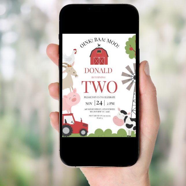 Modern Red Tractor Oink Baa Moo Farm Birthday Invitation (Front Digital)